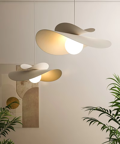 Modern Pendant Light With Organic Curved Shapes And Warm Glow In Interior Space With Plant 3d model