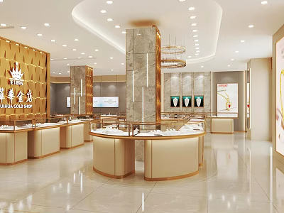 Luxury Jewelry Store Interior With Elegant Display Counters And Golden Decor 3d model