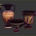 Ancient Greek Vessels With Black Orange Figural Patterns And Various Shapes