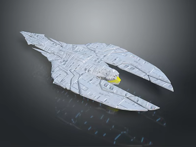 Silver Spaceship Model Featuring Complex Structure Large Wing Parts Yellow Bottom And Black Reflective Background 3d model
