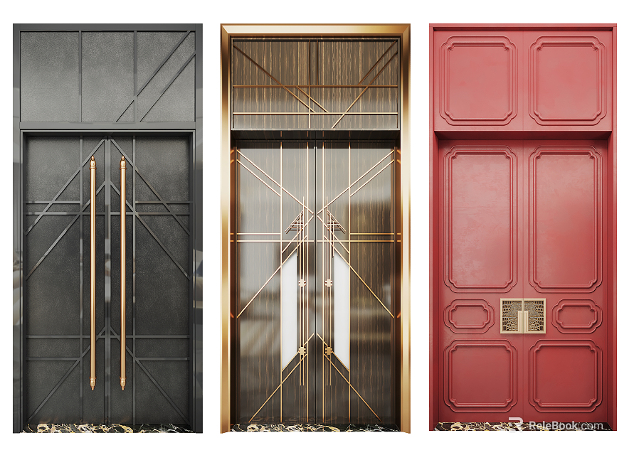 Modern Double Doors Featuring Black Red And Gold Metal Frame Designs 3d model 