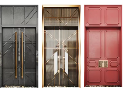 Modern Double Doors Featuring Black Red And Gold Metal Frame Designs 3d model