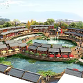 Ancient Architecture Scenic Village in Waterfront Area with Historic Buildings and Natural Landscapes
