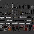 Various Musical Instruments And Art Supplies Collection With Strings Drums Brushes 3d model