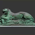 Reclining Lion Bronze Statue With Green Patina And Leaf Decorated Base