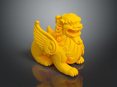 Yellow Winged Mythical Beast Traditional Sculpture In Sitting Posture With Ornate Details 3d model