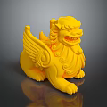 Yellow Winged Mythical Beast Traditional Sculpture In Sitting Posture With Ornate Details
