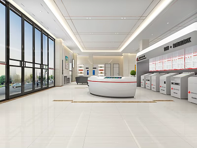 Modern Spacious Service Hall Interior With Bright Lighting Round Counter And Self Service Devices 3d model
