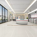Modern Spacious Service Hall Interior With Bright Lighting Round Counter And Self Service Devices