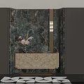 Luxurious Entryway With Green Marble Wall Beige Console Table Flower Arrangement Sconce And Geometric Rug