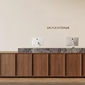 Modern Reception Desk Interior With Wooden Cabinets Marble Countertop And Two Computers