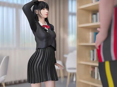 Woman in Black Uniform with Red Bow Tie and Pleated Skirt Adjusting Hair Near Bookshelf 3d model