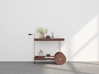 Brown Mobile Cart With Wooden Top Green Plants And Tea Set In Minimalist Room 3d model