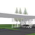 Modern White Pergola Structure With Luxury Sports Cars And Green Trees