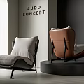 Modern Light Gray And Brown Leisure Chairs With Black Metal Legs And White Curtains Design