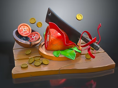 Sharp Knife On Wooden Cutting Board With Red Fruit Sliced Bowl And Gold Coins 3d model