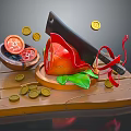 Sharp Knife On Wooden Cutting Board With Red Fruit Sliced Bowl And Gold Coins