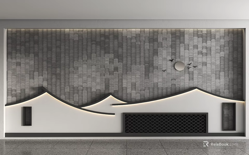 Modern Minimalist Background Wall Design With Gray Tiles Wavy Lines Circular Moon And Bird Patterns 3d model 