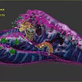 Dynamic Game and Movie Characters in Blue Wave with Red Serpent and Small Figures