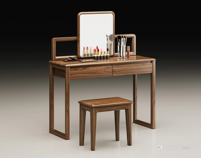 Stylish Wooden Dressing Table with Mirror Drawer Cosmetics and Matching Stool 3d model 