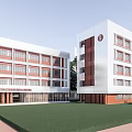 Modern School Building Exterior With Sloped Brown Roof Large Glass Windows And Green Trees