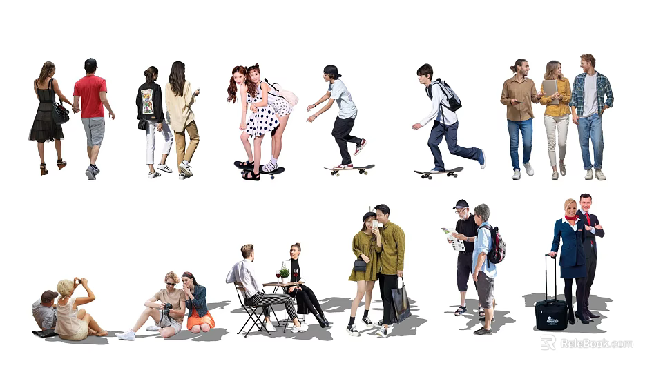 People Engaged in Skateboarding Chatting Sitting and Pulling Luggage in Diverse Scenes 3d model 