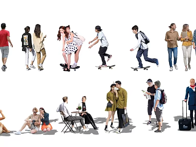 People Engaged in Skateboarding Chatting Sitting and Pulling Luggage in Diverse Scenes 3d model