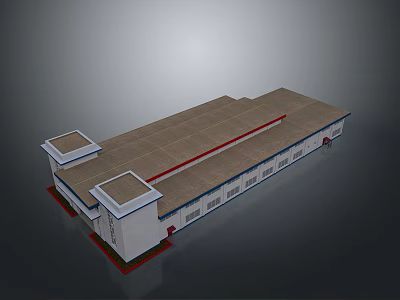 Industrial Building 3D Model With Sloped Roof Square Towers And White Walls 3d model