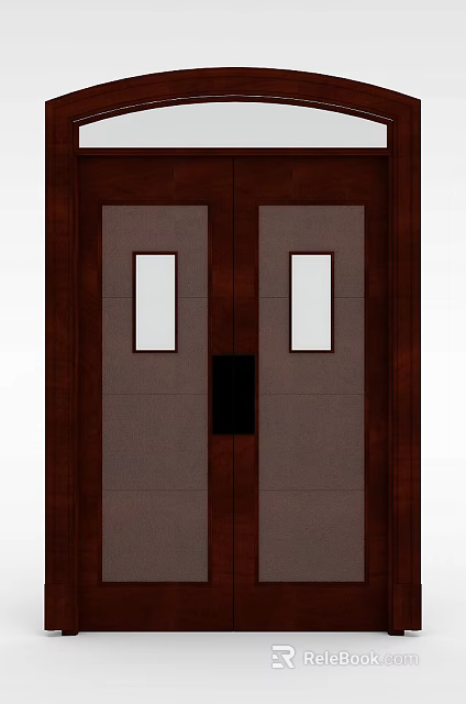 Brown Wooden Double Door With Two Rectangular Glass Panels And Central Black Handle 3d model