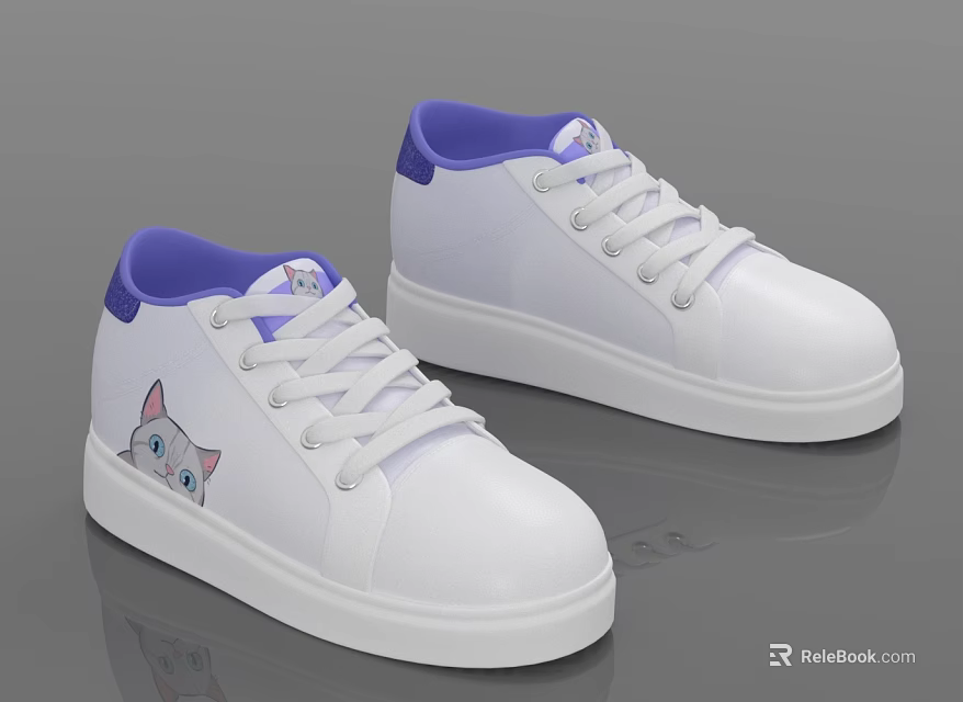 White Casual Shoes With Purple Collar And Cartoon Cat Graphic Design For Daily Wear 3d model 