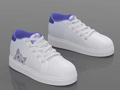 White Casual Shoes With Purple Collar And Cartoon Cat Graphic Design For Daily Wear 3d model