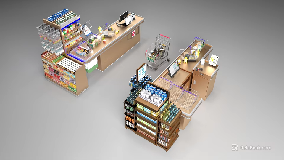 Well Organized Supermarket Department Store With Checkout Counters Shopping Carts And Stocked Shelves 3d model 