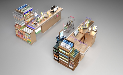 Supermarket Cashier Shelf Shopping Cart Shopping Basket Safe Cashier 3d model