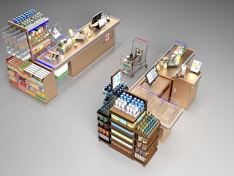 Supermarket Cashier Shelf Shopping Cart Shopping Basket Safe Cashier 3d model