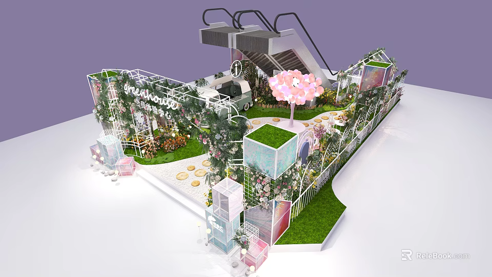 Decorative Garden Display Model With Green Plants Pink Flower Tree And White Railings 3d model
