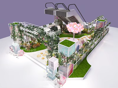 Decorative Garden Display Model With Green Plants Pink Flower Tree And White Railings 3d model