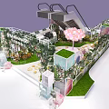 Decorative Garden Display Model With Green Plants Pink Flower Tree And White Railings 3d model