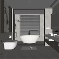 Modern Bathroom Interior Design With Bathtub Double Sinks Marble Countertops And Window Blinds