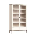 White Storage Cabinet Featuring Glass Doors Drawers And Metal Legs Design