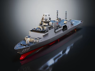 3D Warship Model 158 Grey Hull Red Bottom Antennas Weapon Systems And Reflective Surface 3d model