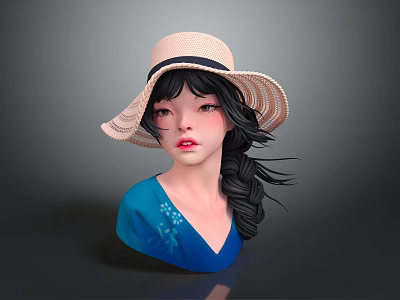 Female Character Wearing Straw Hat Black Braided Hair Blue Top With White Flowers Bust 3d model
