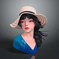 Female Character Wearing Straw Hat Black Braided Hair Blue Top With White Flowers Bust