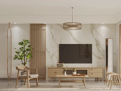 Modern Living Dining Room Interior With Marble Wall TV Stand Pendant Light And Wooden Furniture 3d model