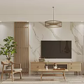 Modern Living Dining Room Interior With Marble Wall TV Stand Pendant Light And Wooden Furniture