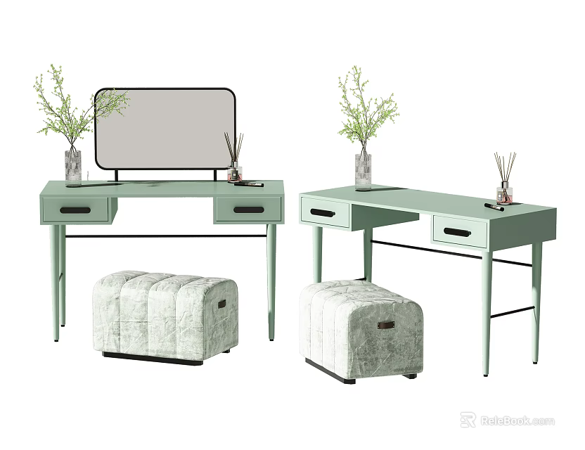 Light Green Dressing Tables With Mirror Vase Decorations And Upholstered Stools 3d model