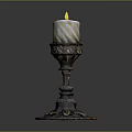 Decorative Carved Candlestick With Lit White Striped Candle And Flame