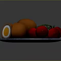 Fresh Red Tomatoes With Green Stems On Blue Plate And Sliced Vegetable Rolls