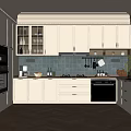 Modern Kitchen Interior With White Cabinets Blue Tiled Backsplash Hanging Utensils And Wooden Flooring