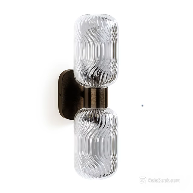 Modern Wall Lamp With Double Ribbed Glass Shades And Dark Metal Base 3d model 