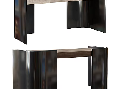Modern Minimalist Desk With Wooden Top And Curved Black Metal Support Legs 3d model